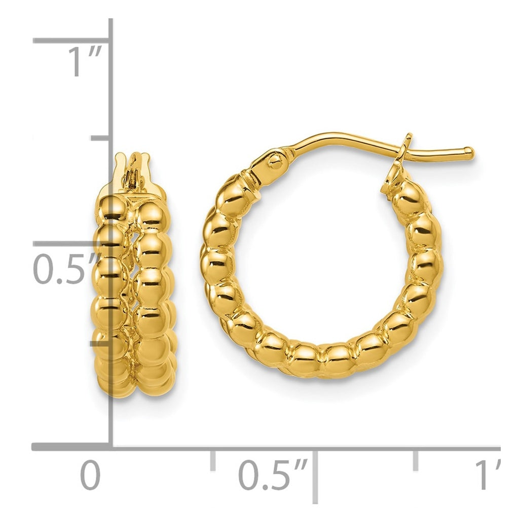 14k Yellow Gold Polished Beaded 2-Row Round Hoop Earrings
