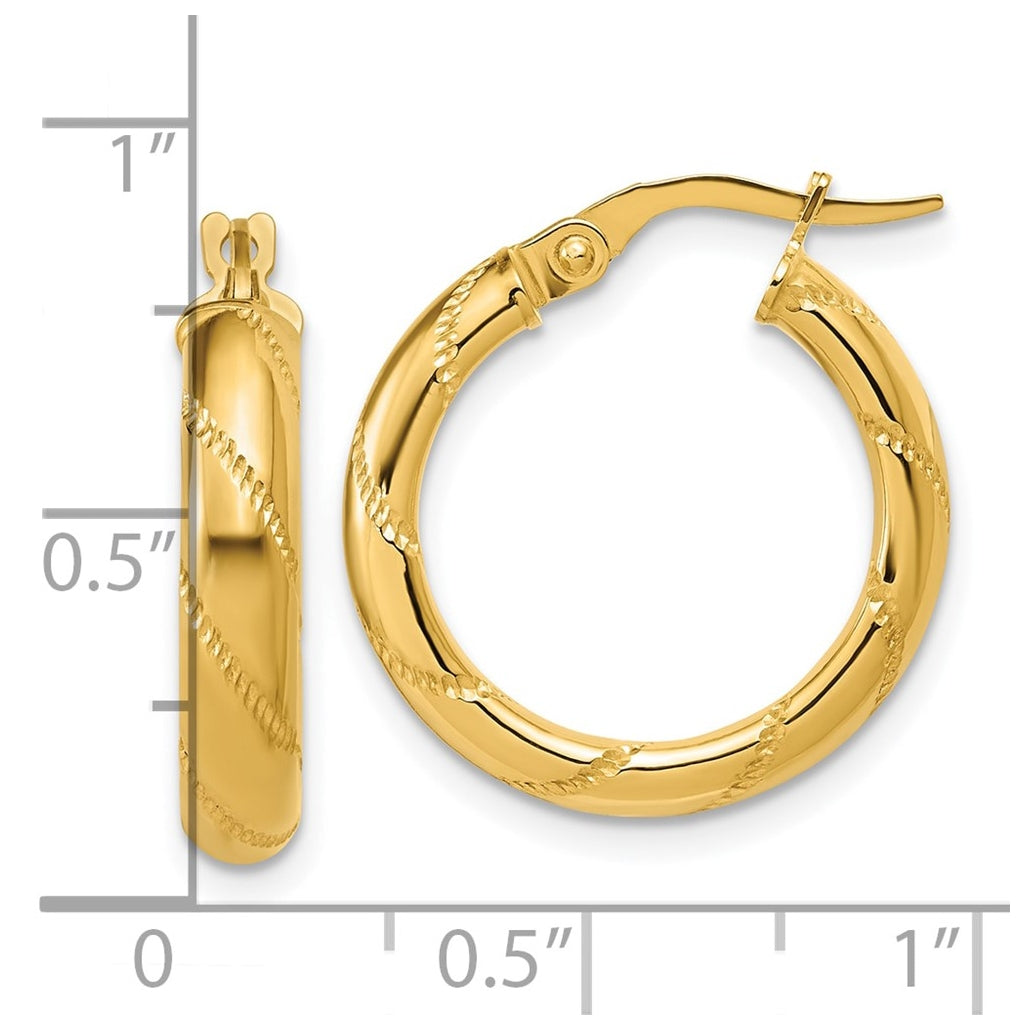 14k Yellow Gold Polished and Textured Round Hoop Earrings