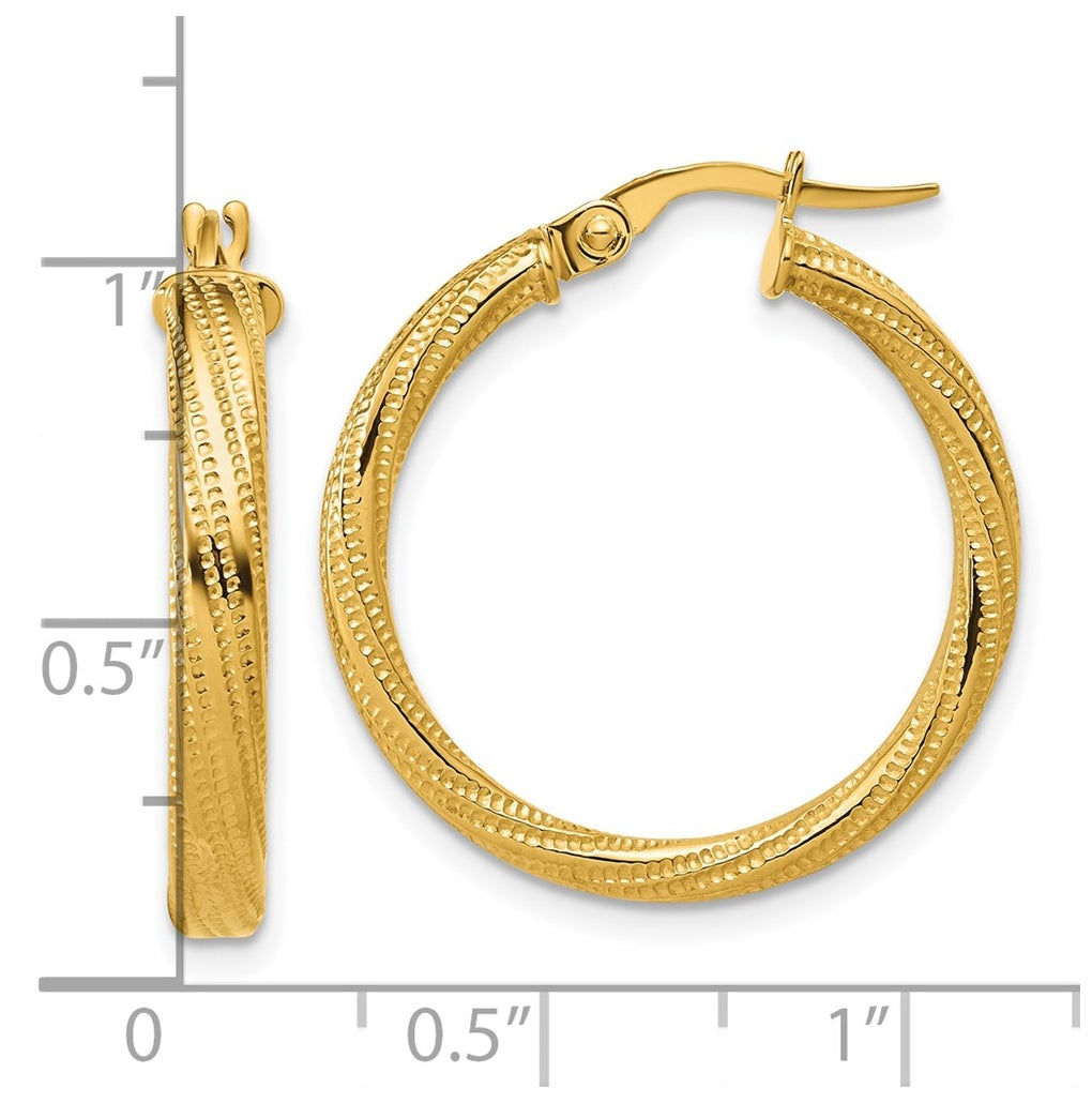 14k Yellow Gold Polished / Textured and Twisted Round Hoop Earrings