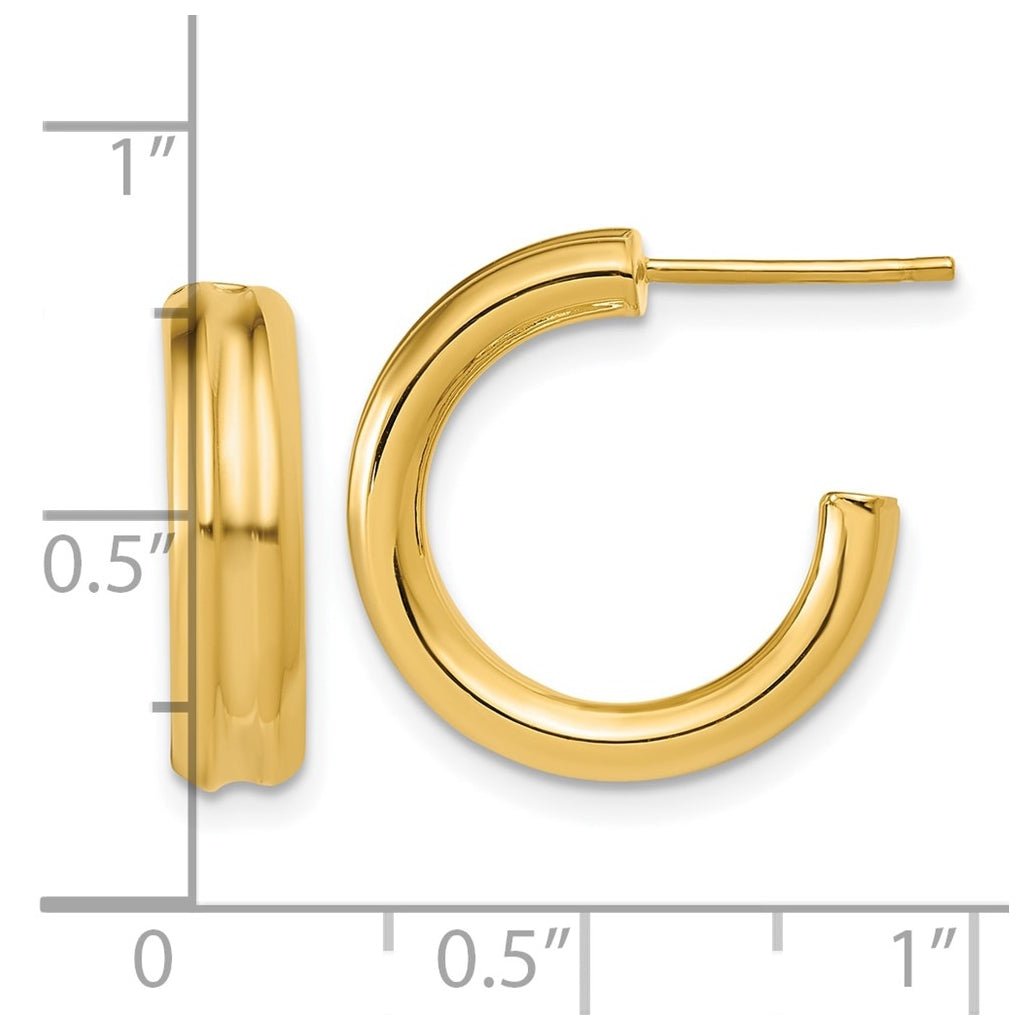 14k Yellow Gold Polished and Grooved J-Hoop Post Earrings