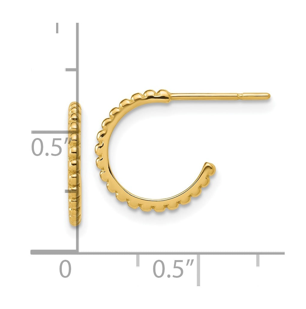 14k Yellow Gold Polished and Beaded J-Hoop Post Earrings