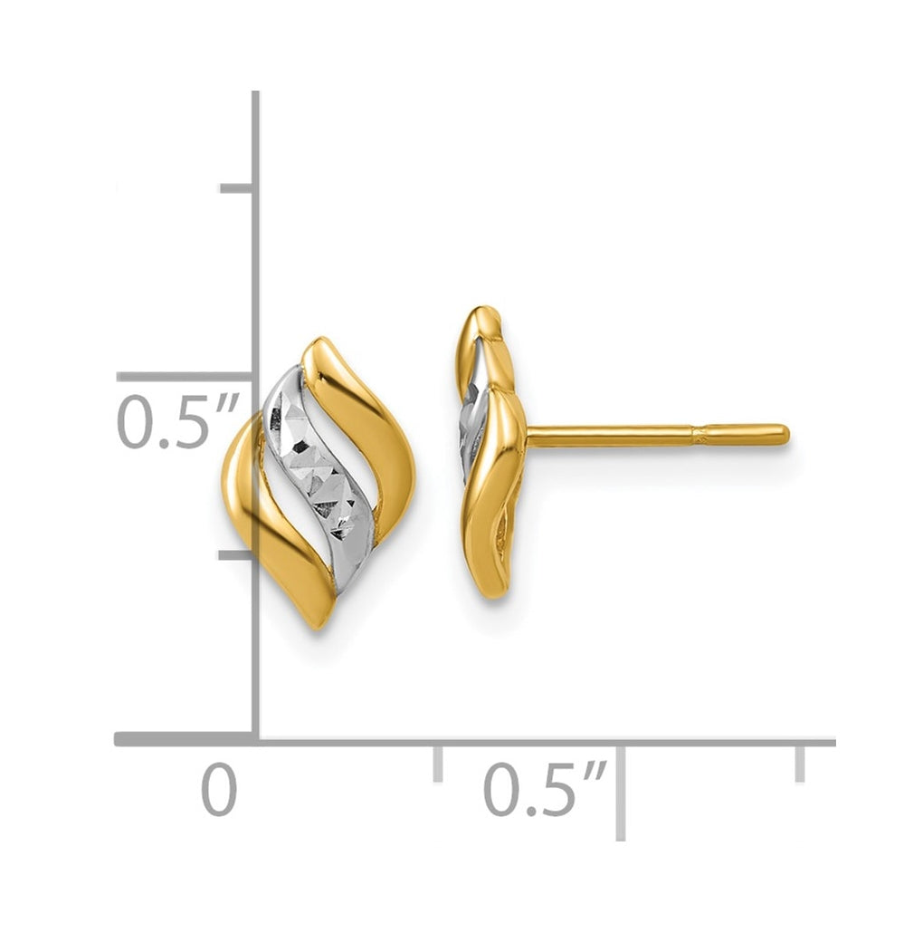 14k Yellow Gold w/Rhodium Polished and Diamond-cut Post Earrings