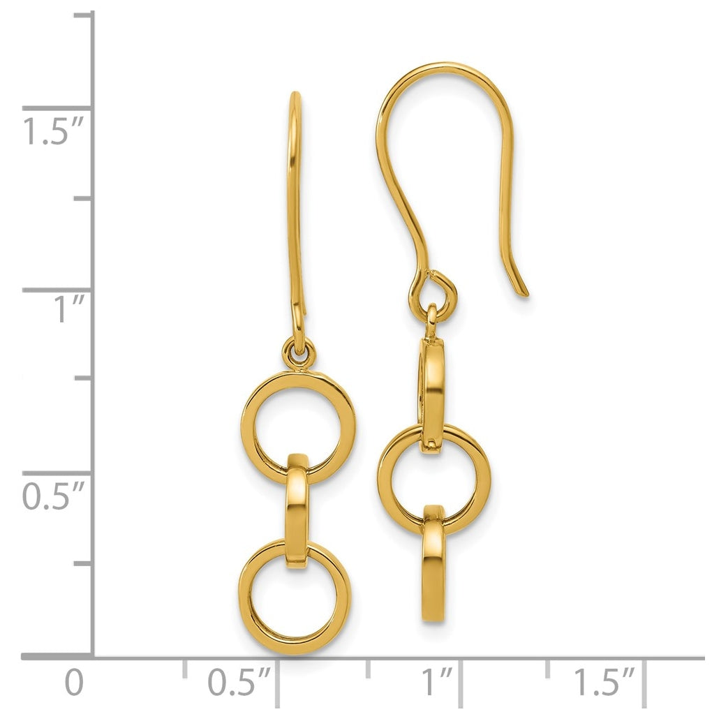 14k Yellow Gold Polished Circles Dangle Shepard Hook Earrings