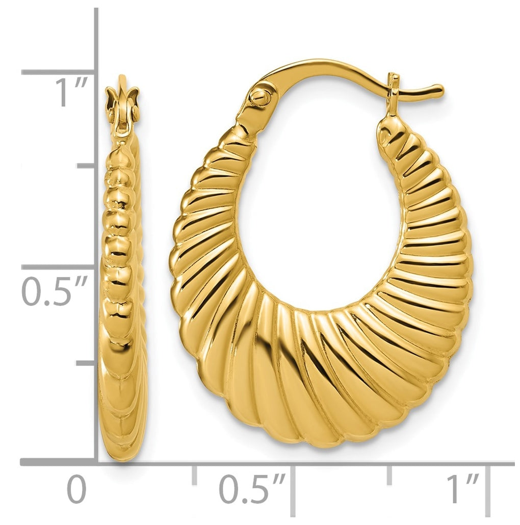 14k Yellow Gold Polished and Grooved Hoop Earrings