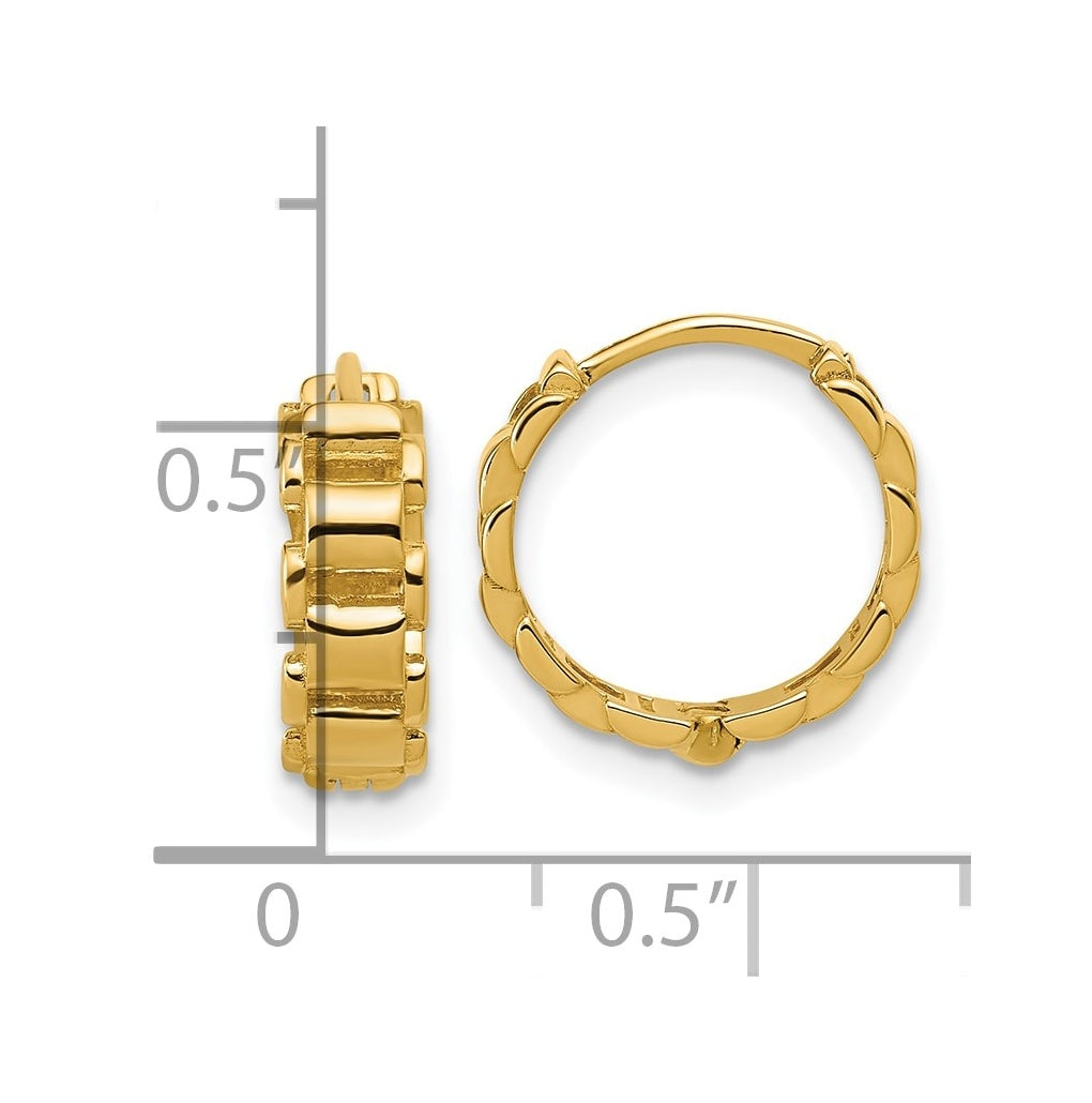 14k Yellow Gold Polished Link Pattern Hinged Huggie Hoop Earrings