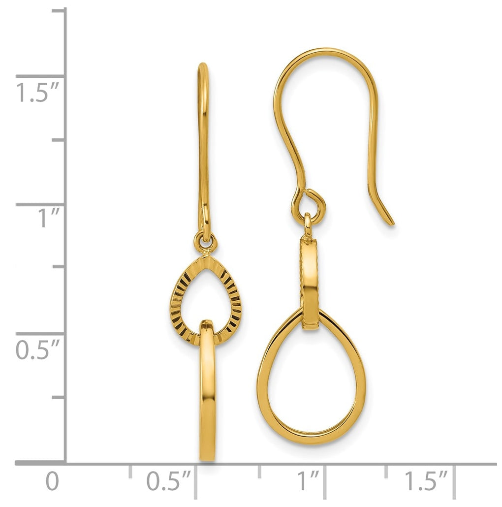 14k Yellow Gold Polished and Diamond-cut Teardrop Dangle Earrings
