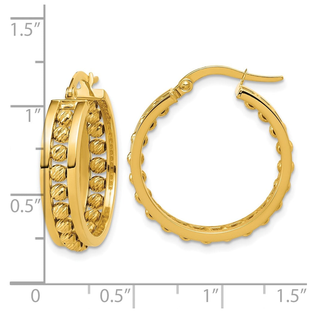 14k Yellow Gold Polished and Diamond-cut Beaded Tube Hoop Earrings