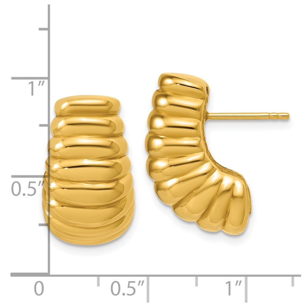 14k Yellow Gold Polished and Grooved Hollow Puffed Post Earrings