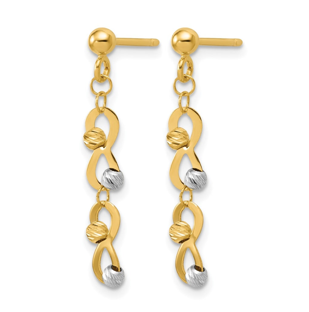 14K Two-tone D/C Beaded Infinity Dangle Post Earrings