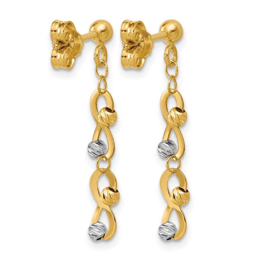 14K Two-tone D/C Beaded Infinity Dangle Post Earrings
