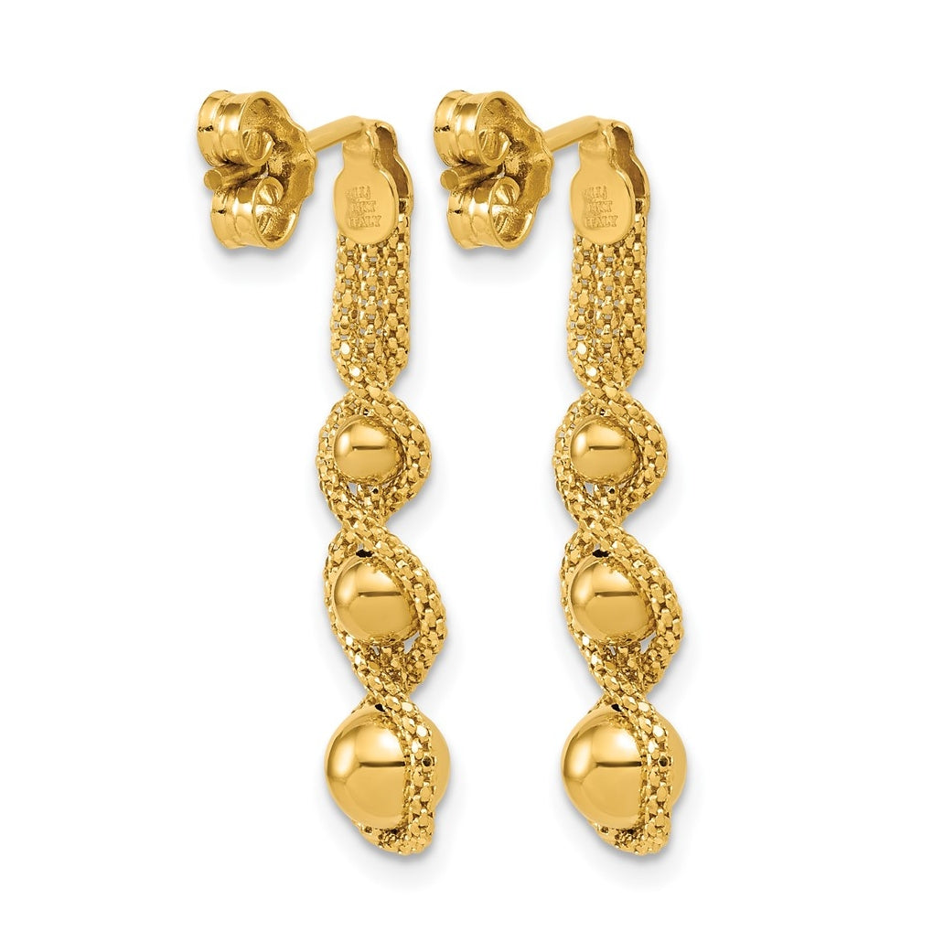 14k Yellow Gold Polished and D/C Twisted Beaded Dangle Post Earrings
