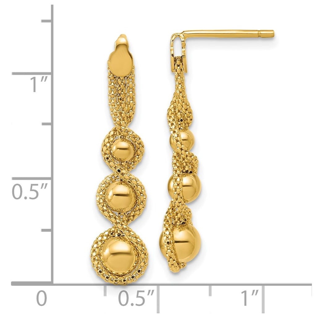 14k Yellow Gold Polished and D/C Twisted Beaded Dangle Post Earrings