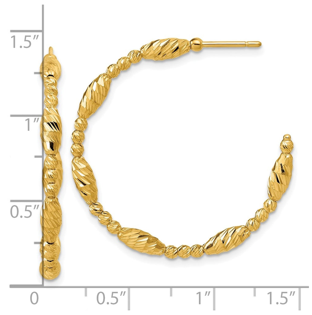 14k Yellow Gold Polished and Diamond-cut Beaded Fancy J-Hoop Post Earrings