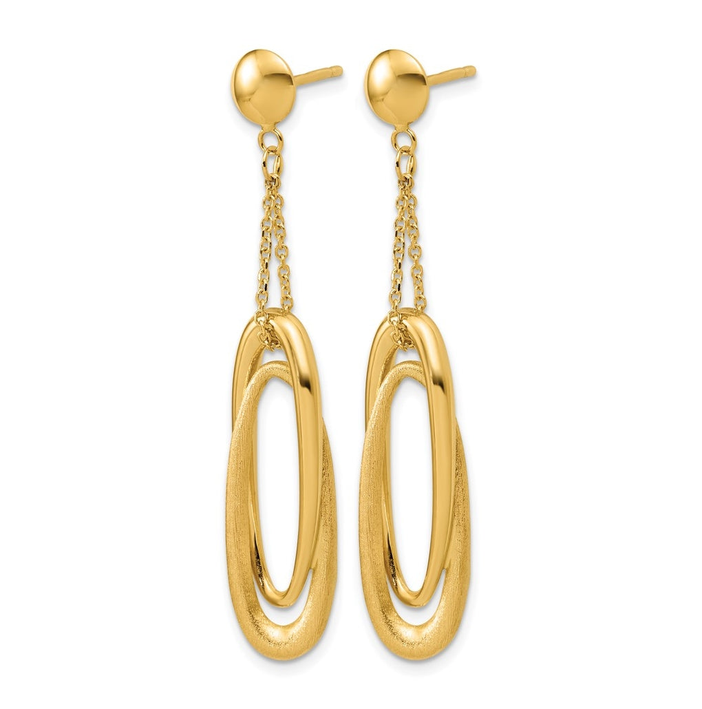14k Yellow Gold Polished and Brushed Fancy Oval Dangle Post Earrings
