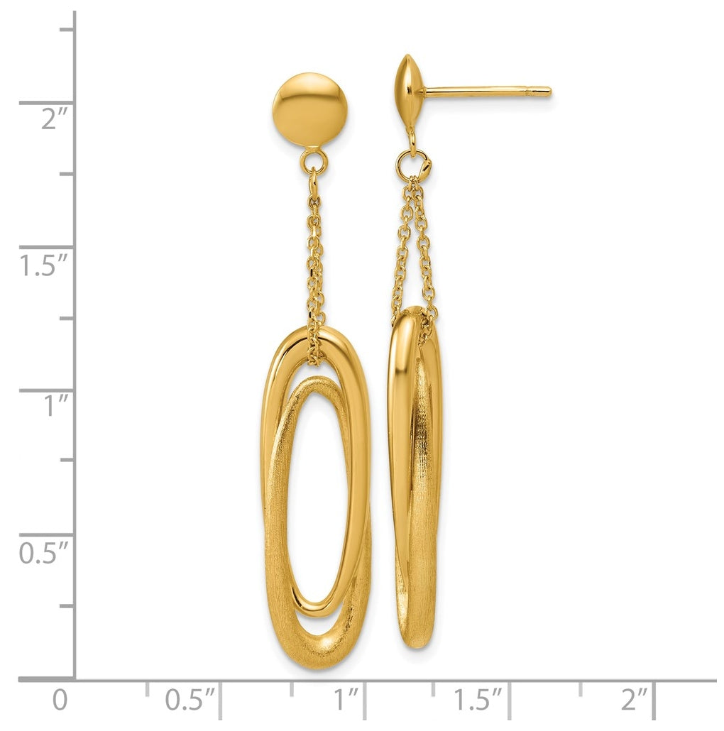 14k Yellow Gold Polished and Brushed Fancy Oval Dangle Post Earrings