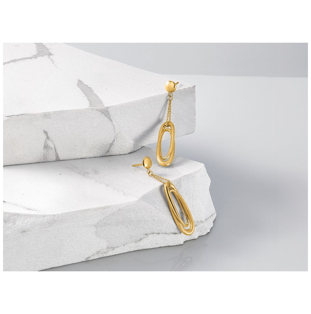 14k Yellow Gold Polished and Brushed Fancy Oval Dangle Post Earrings
