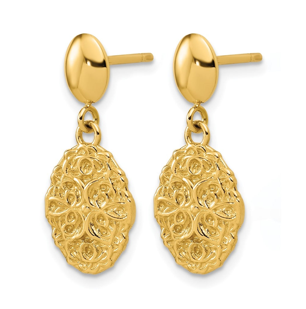 14k Yellow Gold Polished Oval Textured Dangle Post Earrings