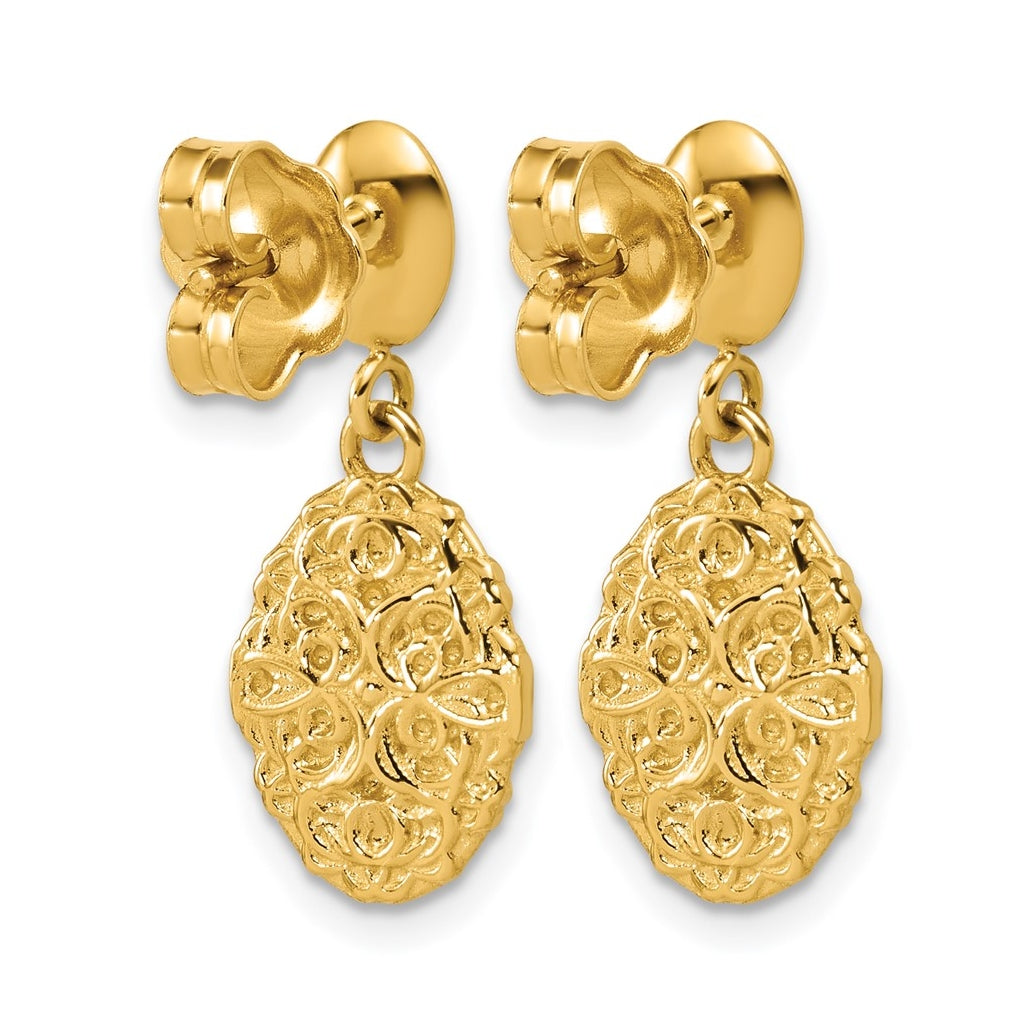 14k Yellow Gold Polished Oval Textured Dangle Post Earrings