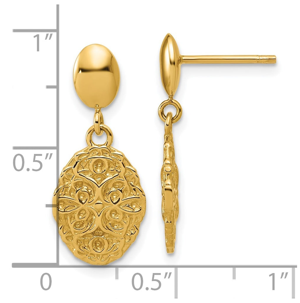 14k Yellow Gold Polished Oval Textured Dangle Post Earrings