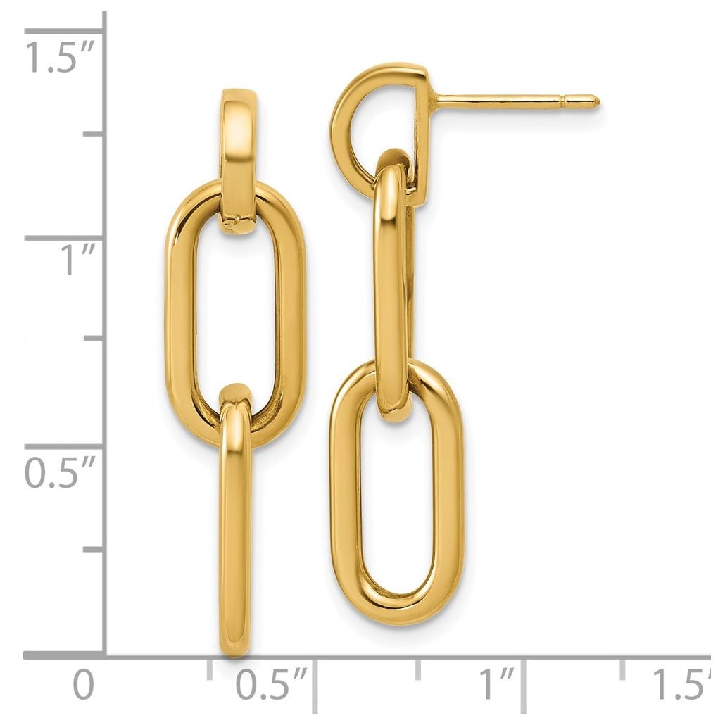 14k Yellow Gold Polished Oval Link Dangle Post Earrings