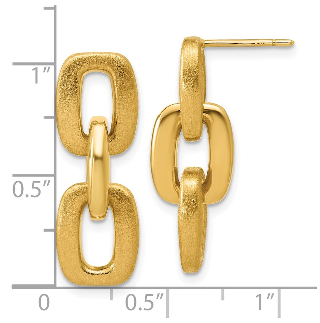 14k Yellow Gold Polished and Brushed Squared Link Dangle Post Earrings