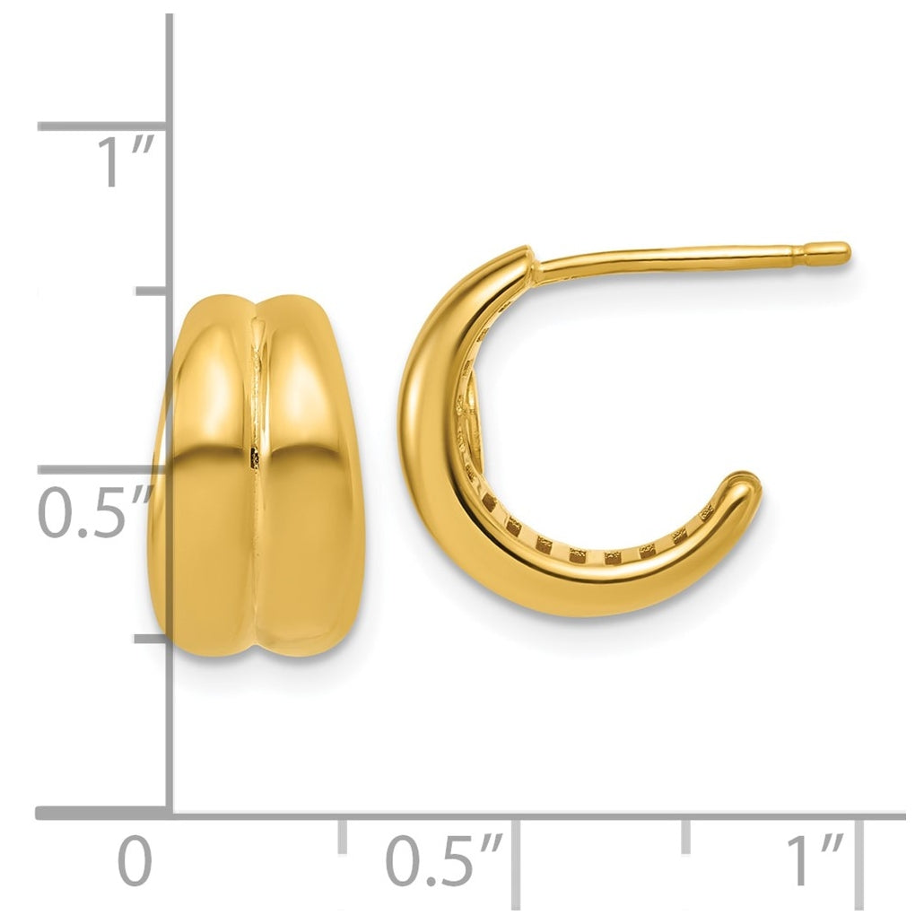 14k Yellow Gold Polished Grooved J-Hoop Post Earrings