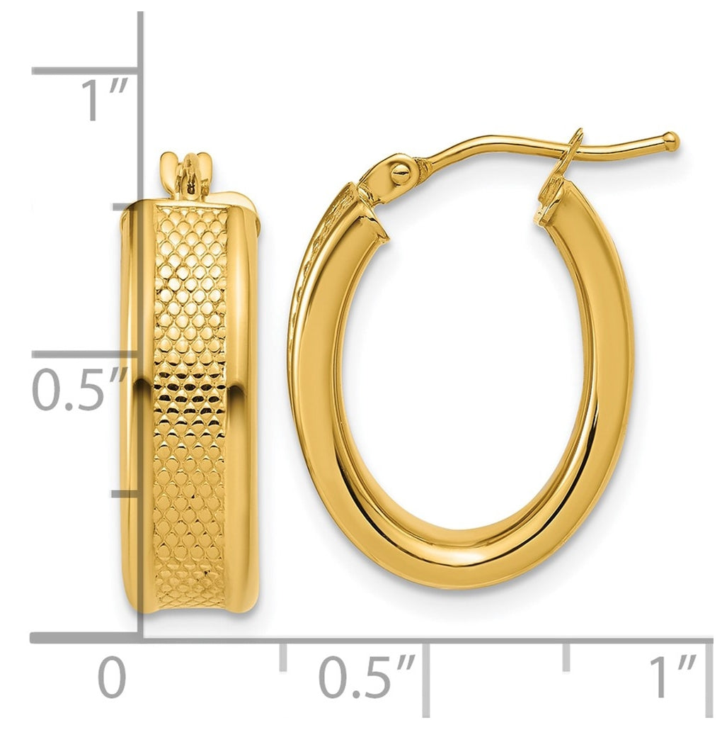 14k Yellow Gold Polished and Textured Oval Hoop Earrings