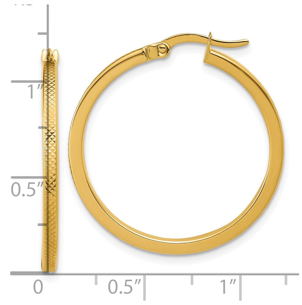 14k Yellow Gold Polished and Textured Round Hoop Earrings