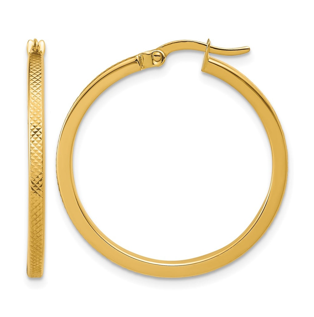 14k Yellow Gold Polished and Textured Round Hoop Earrings