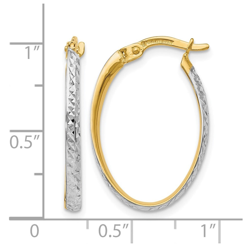 Leslie's 14K Yellow Gold w/White Rhodium Diamond Cut Oval Hoop Earrings – Elegant Jewelry Gift for Birthday, Anniversary, Engagement, Wedding