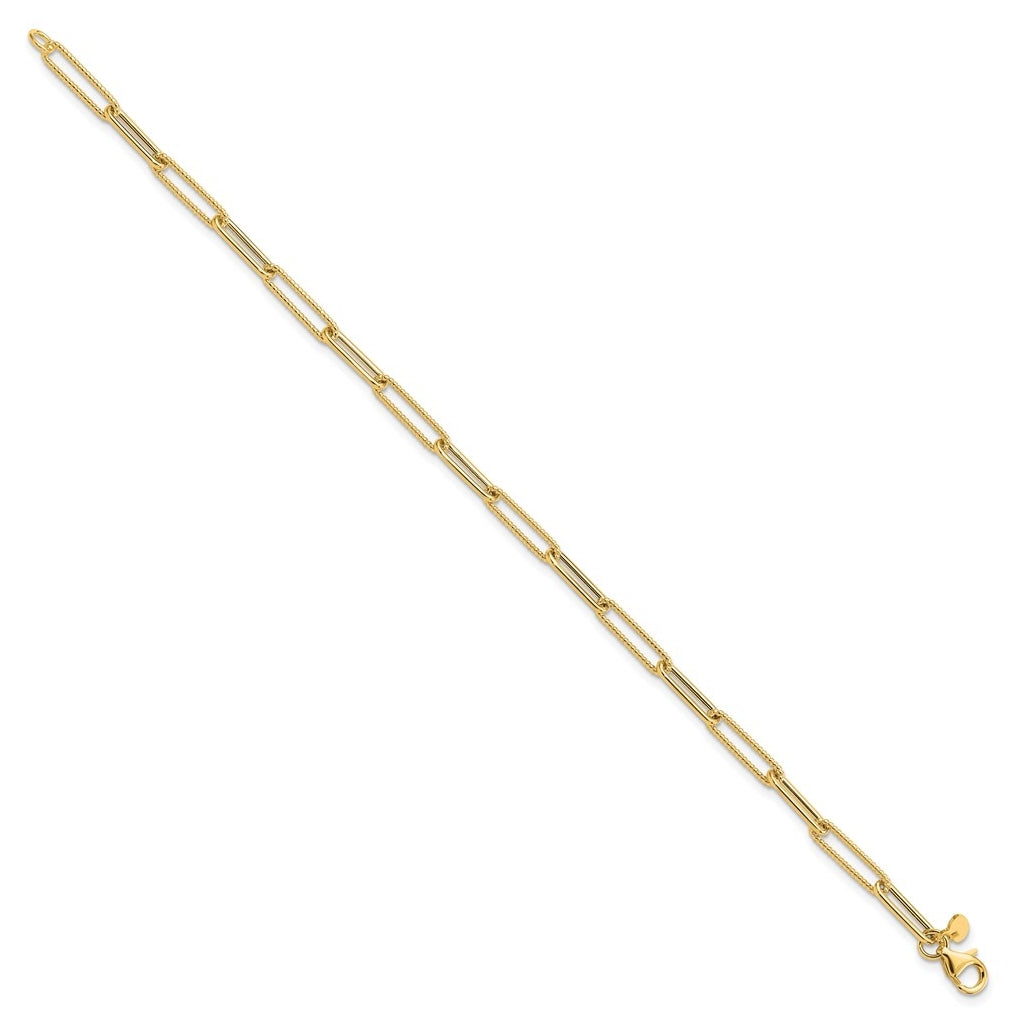 14k Yellow Gold Polished and Textured Paperclip Link Bracelet