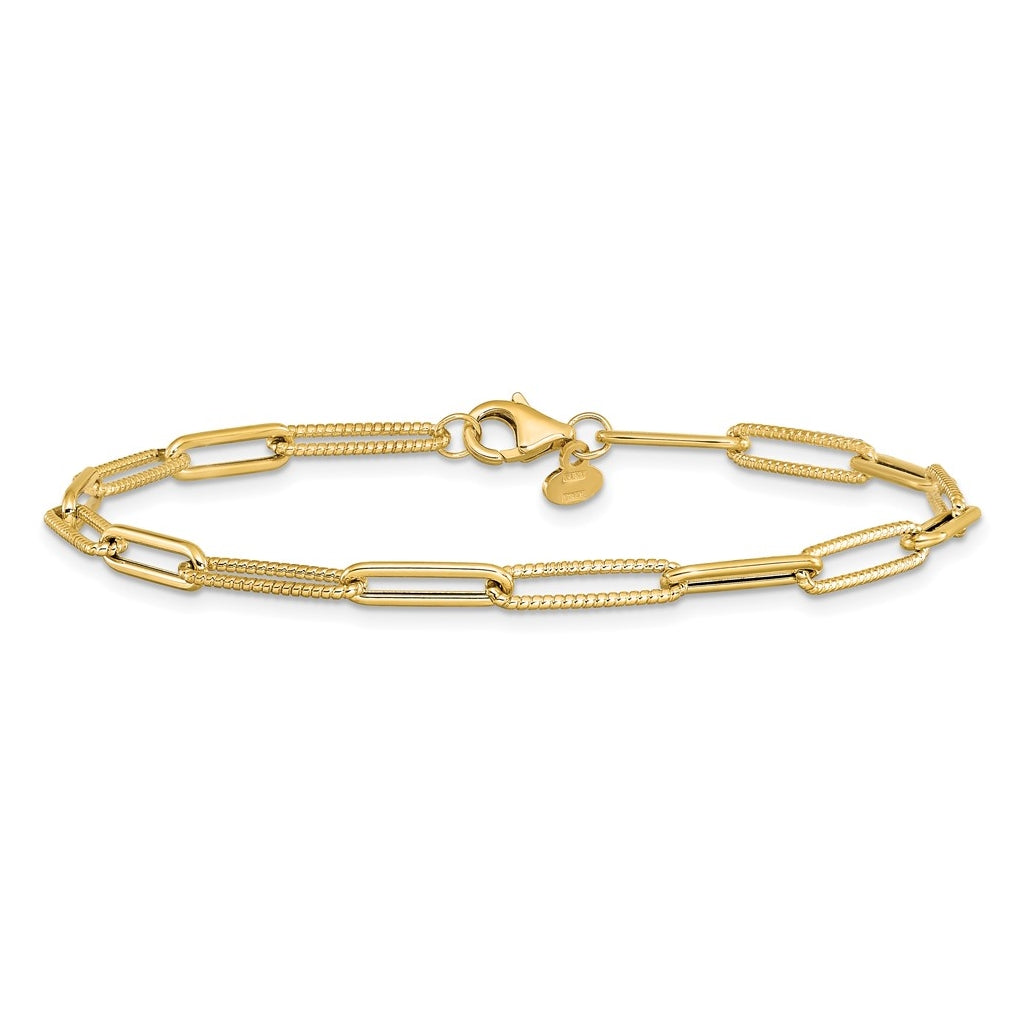 14k Yellow Gold Polished and Textured Paperclip Link Bracelet