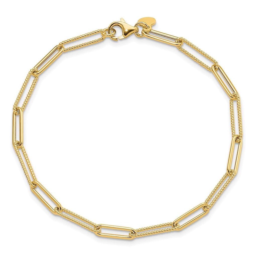 14k Yellow Gold Polished and Textured Paperclip Link Bracelet