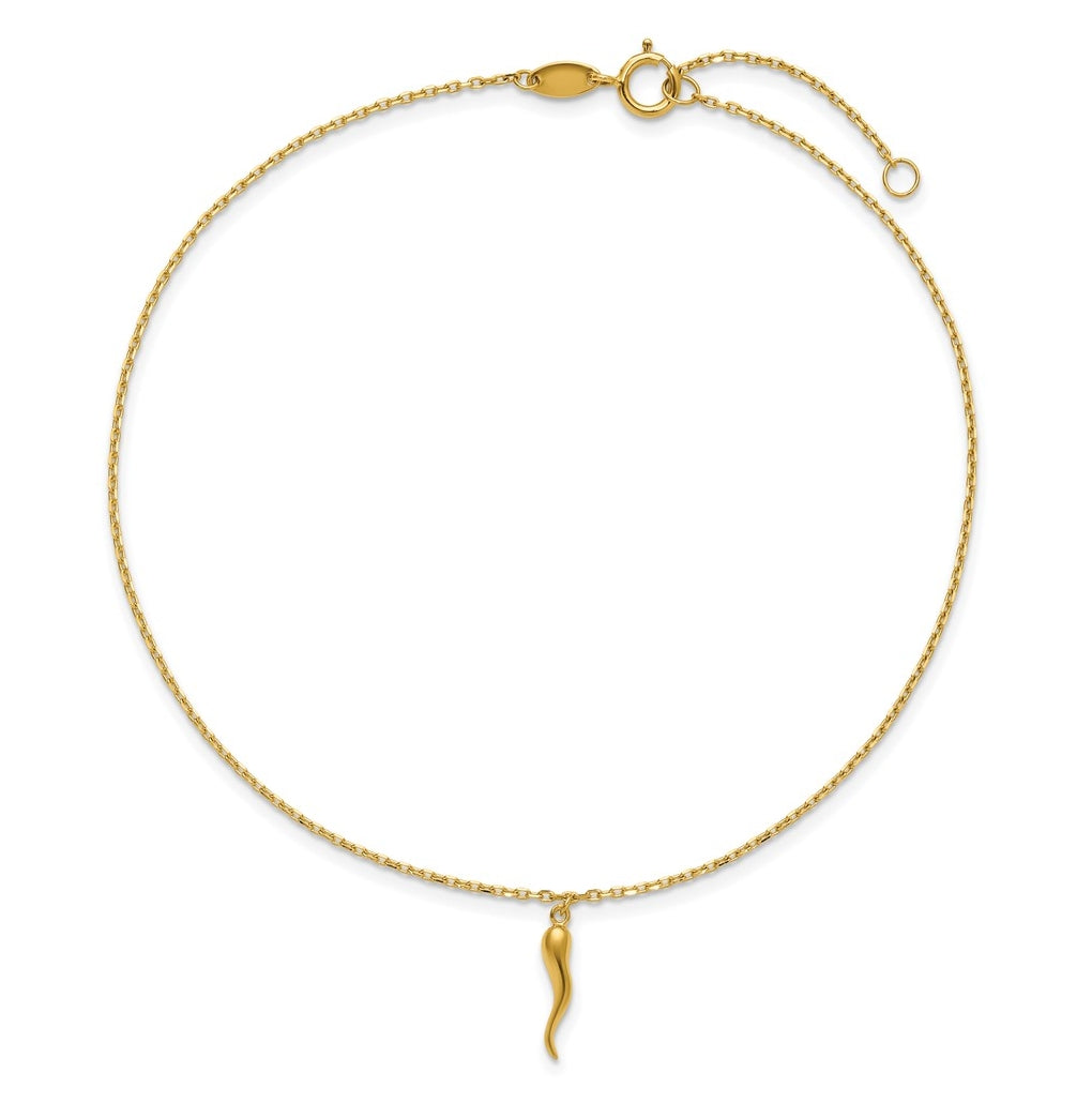 14K Italian Horn Charm 9 inch Plus 1 inch Extender - Total 10 inch Anklet