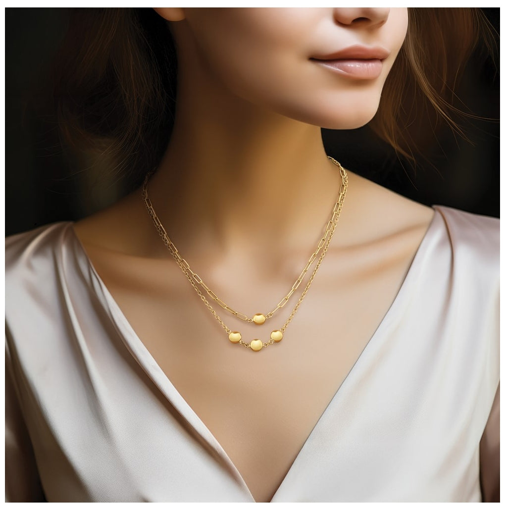 14k Yellow Gold Polished Layered Link with Beads Necklace