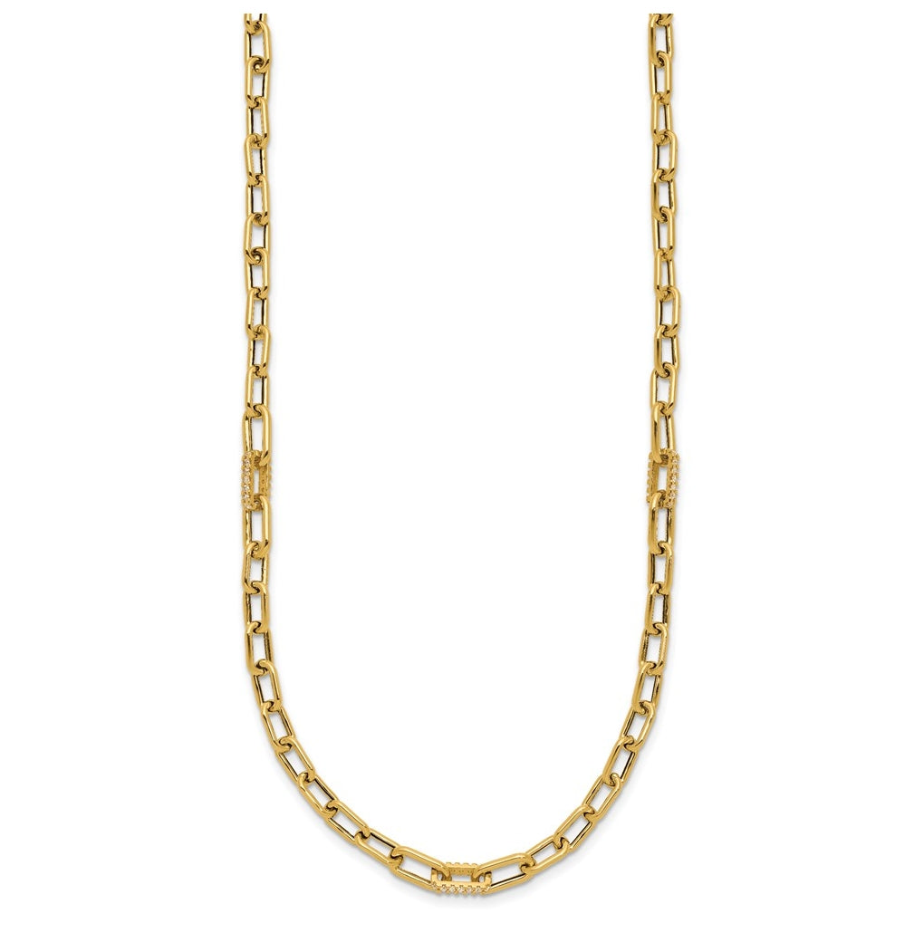 14k Yellow Gold Polished Cubic Zirconia Fancy Paperclip Link Necklace