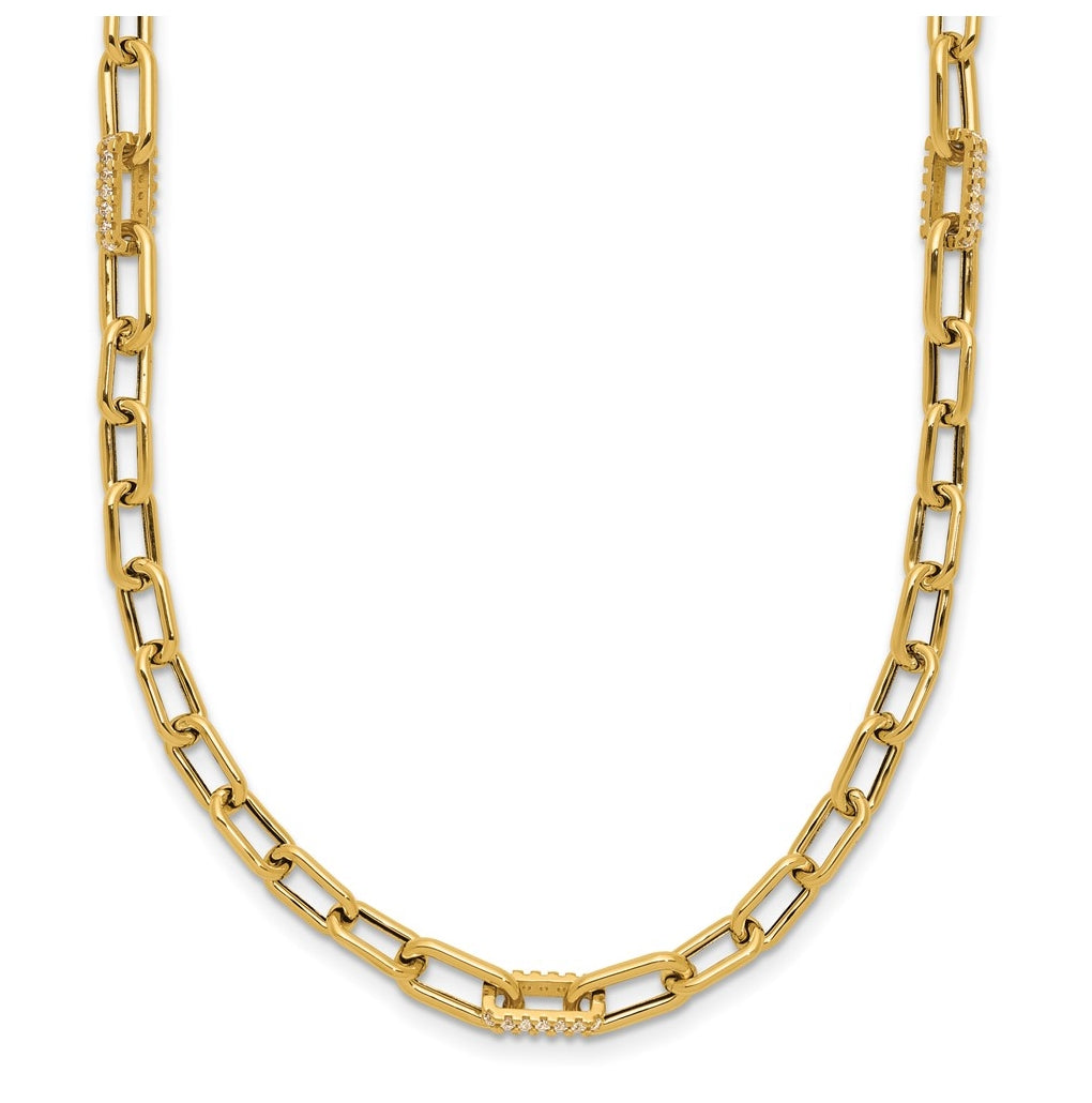14k Yellow Gold Polished Cubic Zirconia Fancy Paperclip Link Necklace
