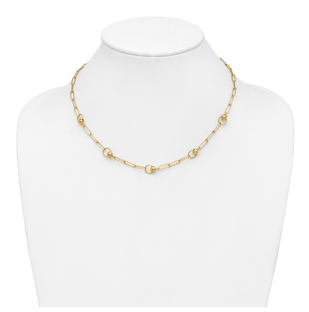 14k Yellow Gold Polished and Dia-cut. Circle Station Paperclip Necklace