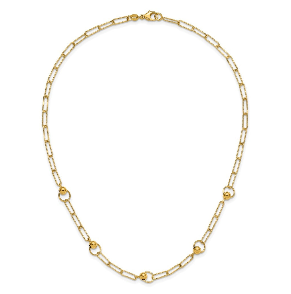 14k Yellow Gold Polished and Dia-cut. Circle Station Paperclip Necklace