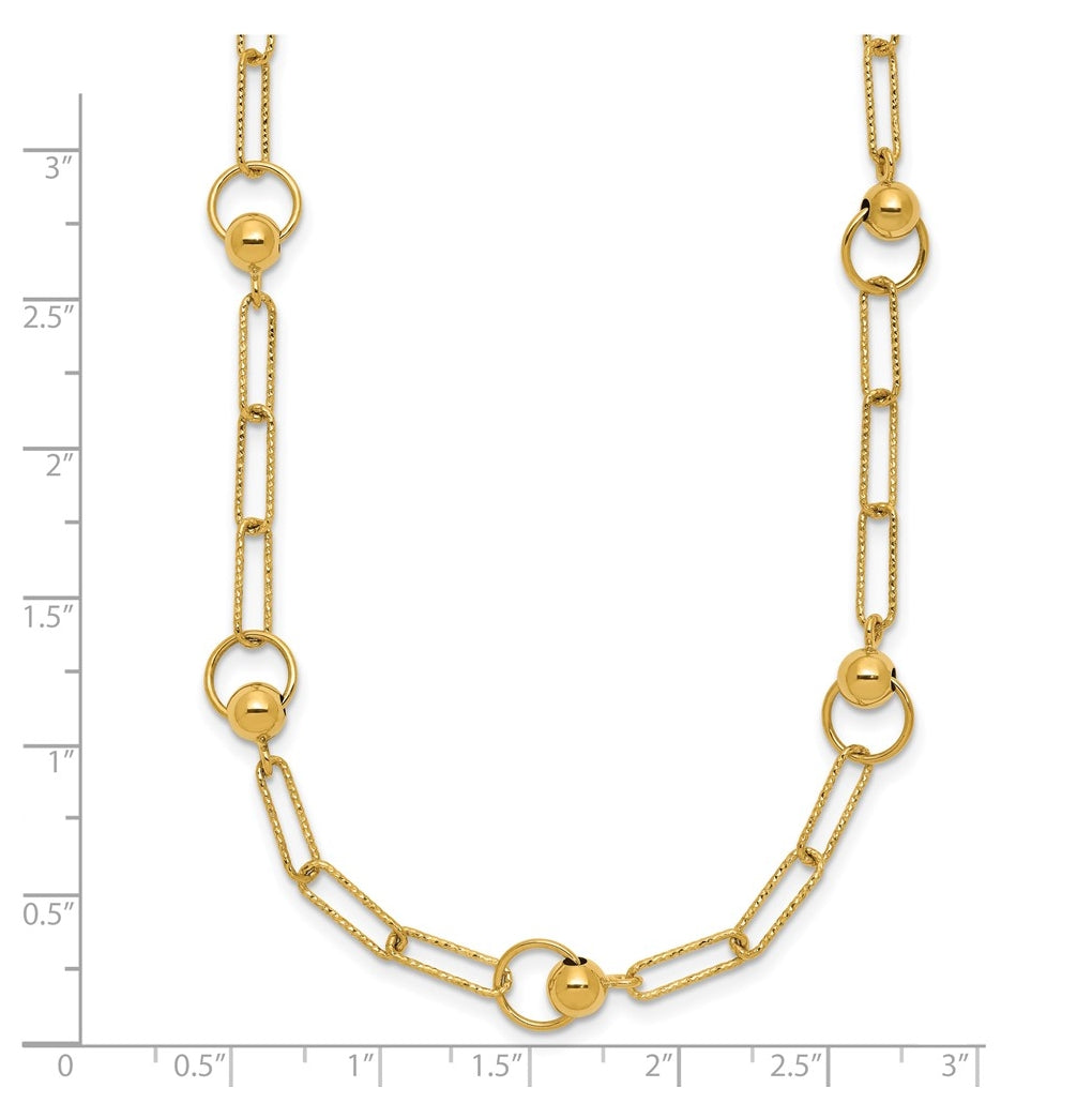14k Yellow Gold Polished and Dia-cut. Circle Station Paperclip Necklace