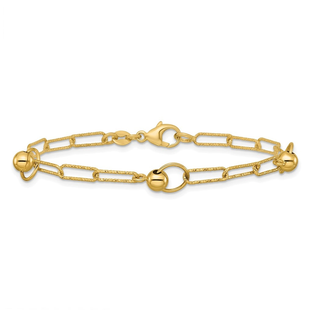14k Yellow Gold Polished and Dia-cut. Circle Station Paperclip Bracelet