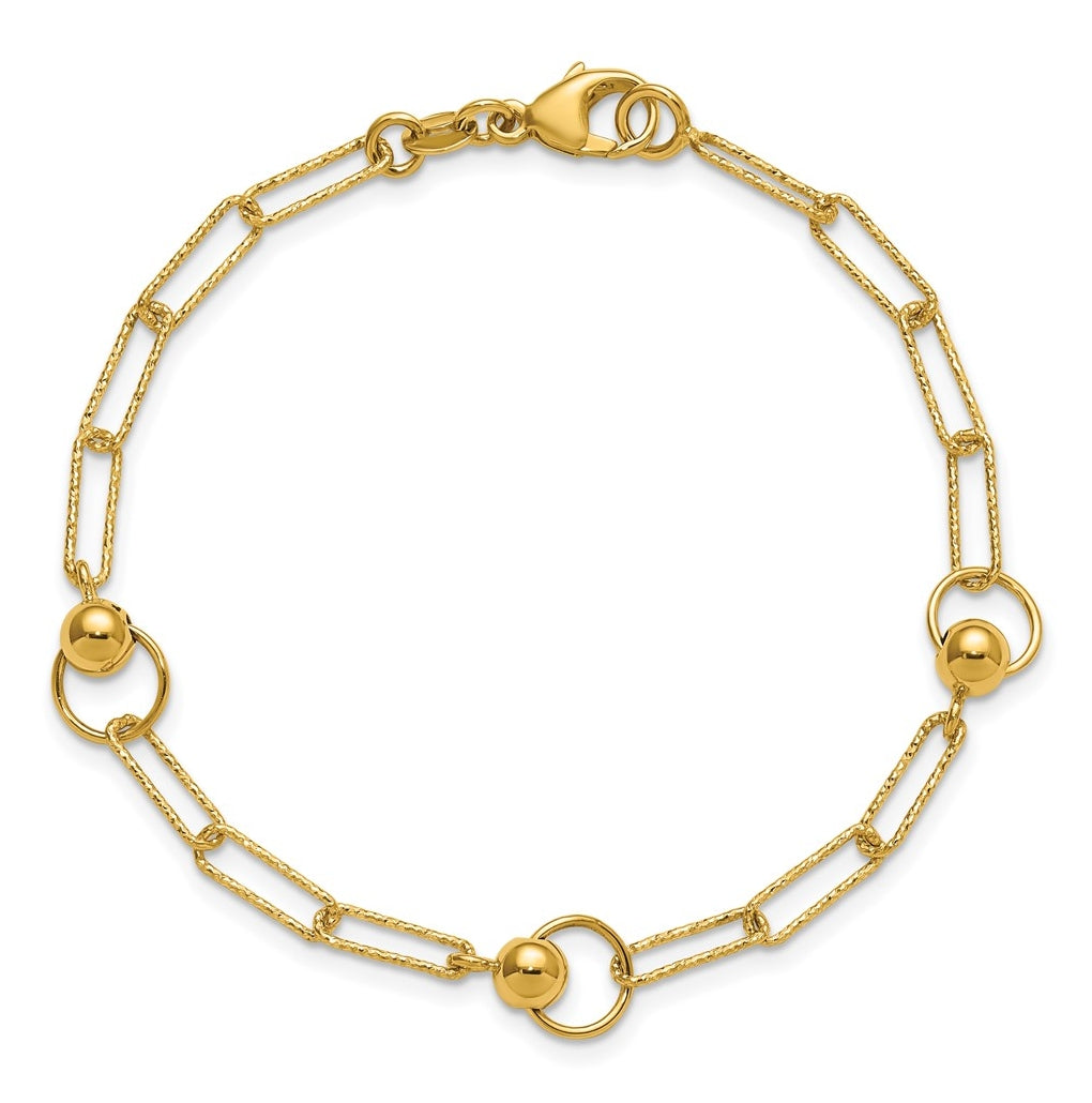 14k Yellow Gold Polished and Dia-cut. Circle Station Paperclip Bracelet