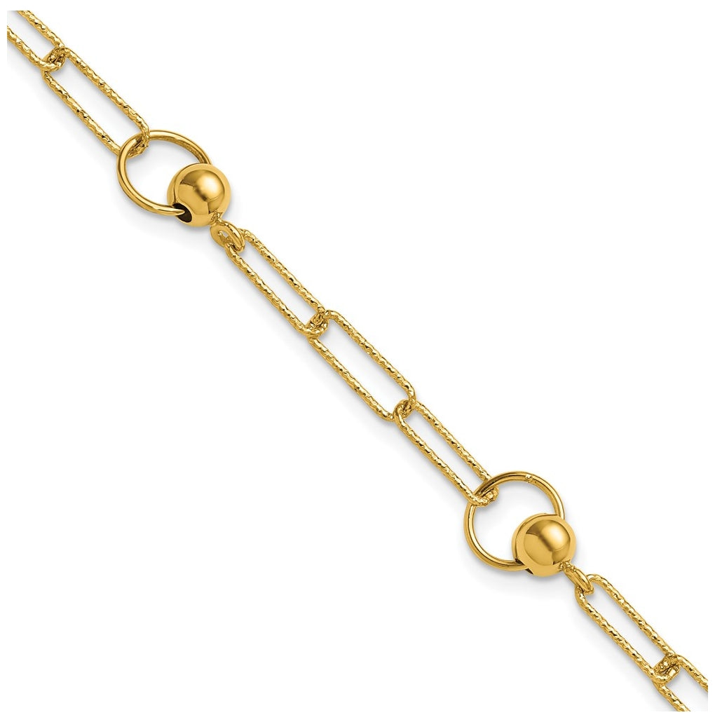 14k Yellow Gold Polished and Dia-cut. Circle Station Paperclip Bracelet