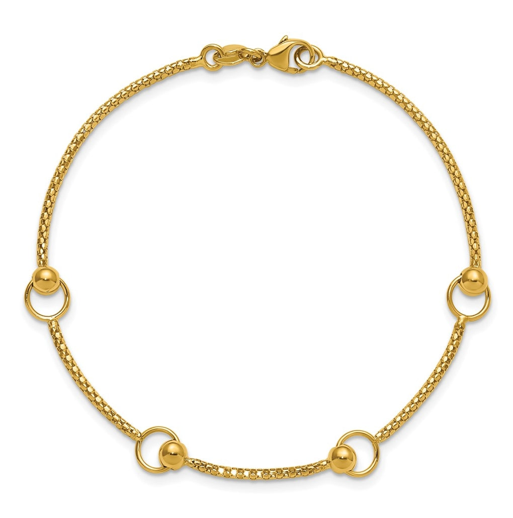 14k Yellow Gold Polished Circle Station Popcorn Link Bracelet
