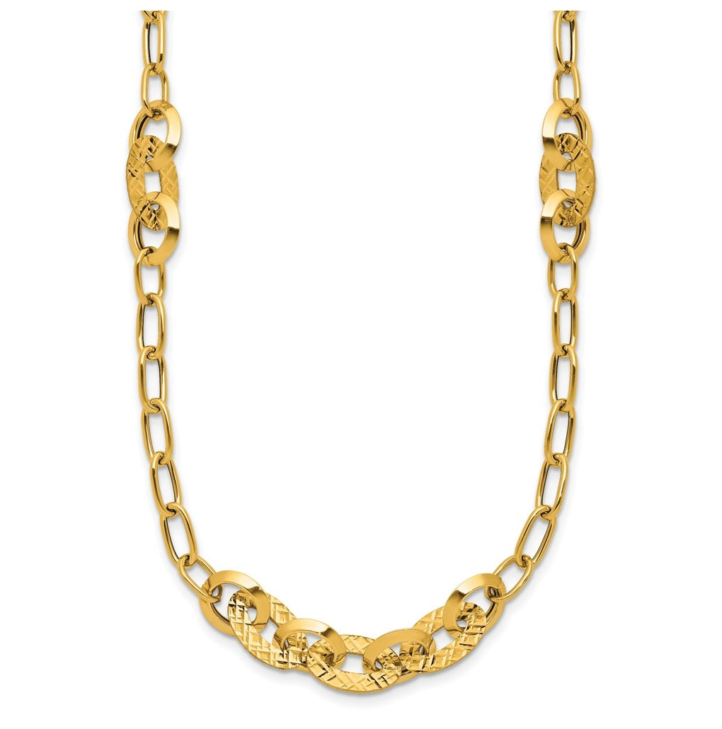 14k Yellow Gold Polished and Diamond-cut Fancy Oval Link Necklace