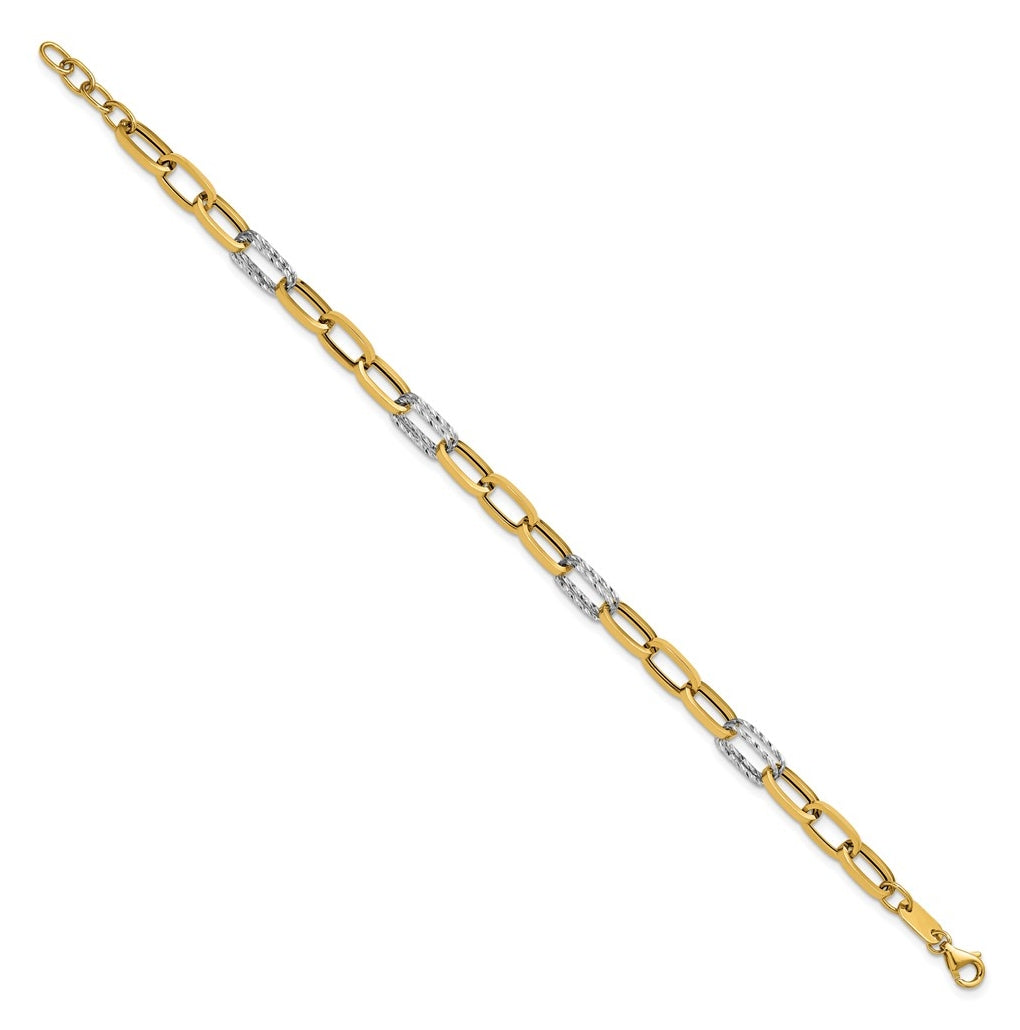 14K Two-tone Polished / Dia-cut Fancy Link w/.5in ext. Bracelet