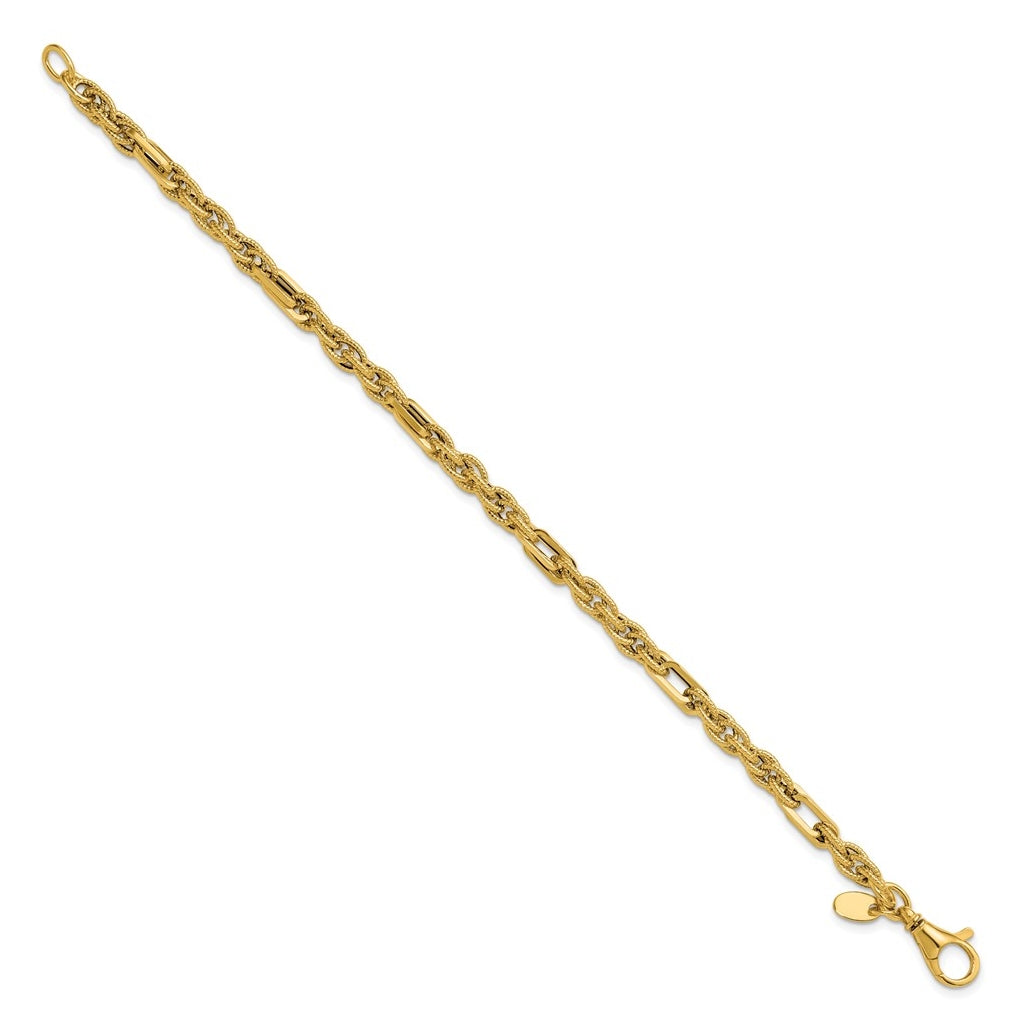 14k Yellow Gold 4.5mm Polished and Textured Fancy Link 7.5 in Bracelet