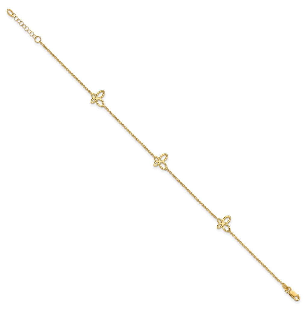 14K Open Butterfly 3-Station 9 inch Plus 1 inch Extender - Total 10 inch Anklet
