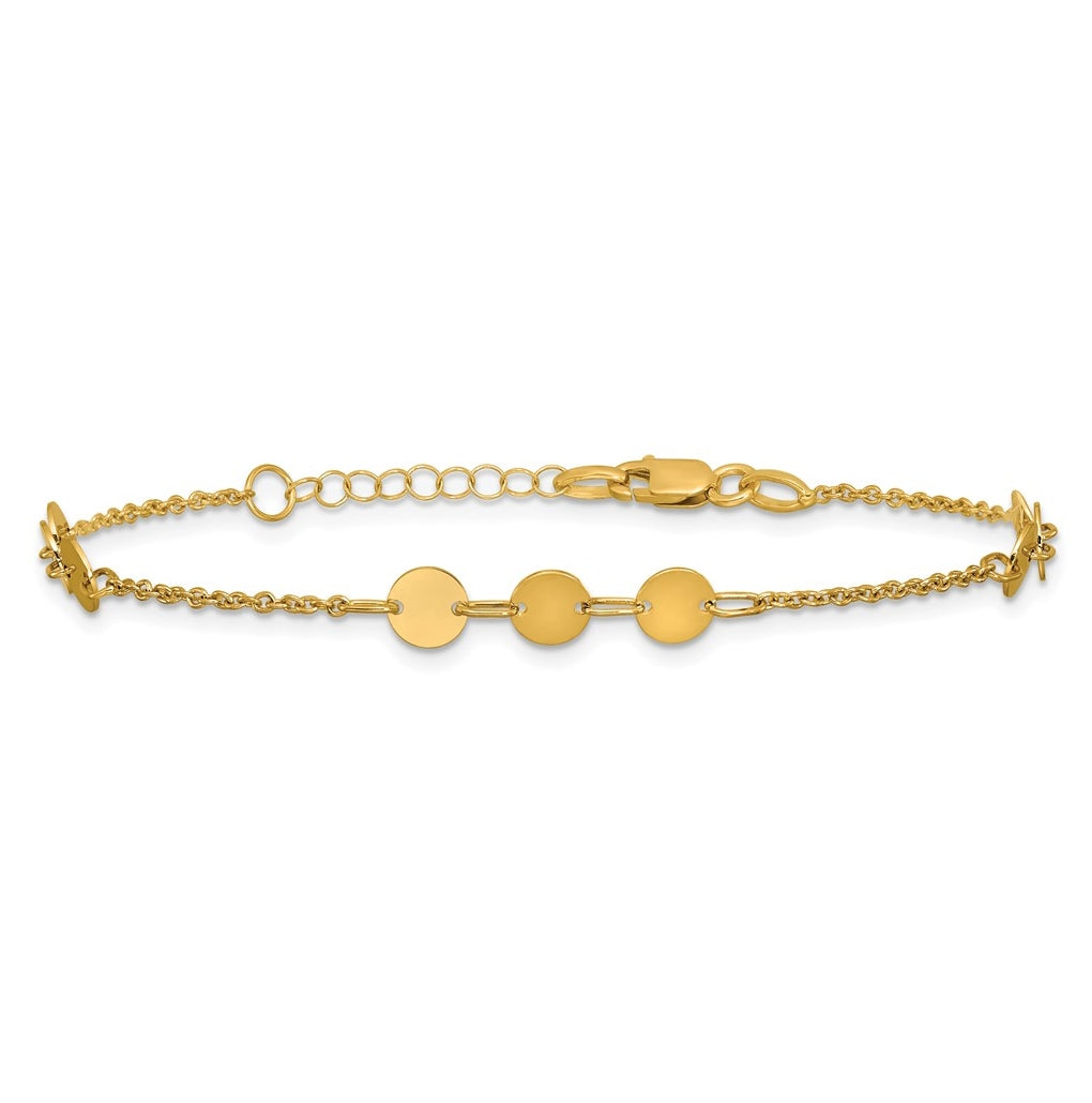 14k Yellow Gold Polished Circle Disc w/1in ext. Bracelet