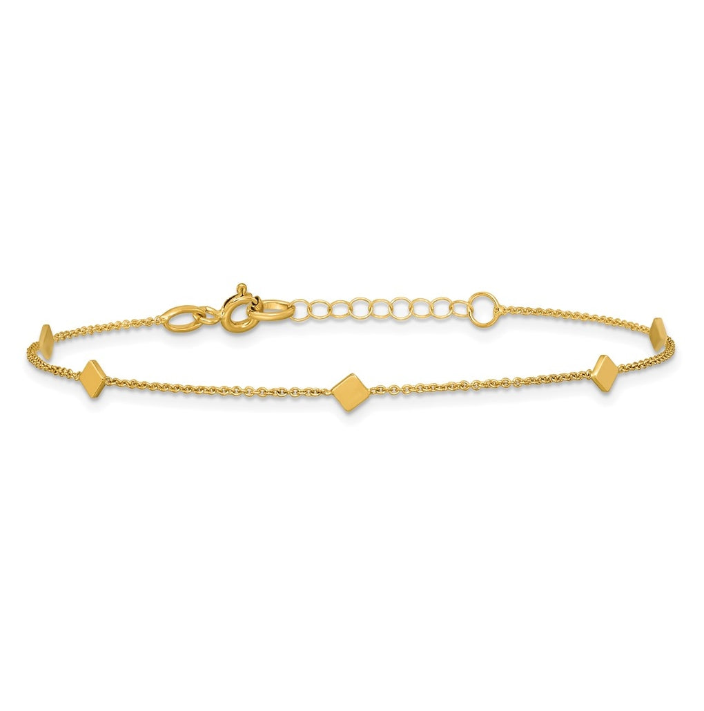 14k Yellow Gold Polished Diamond-shaped Disk Station w/1in ext. Bracelet